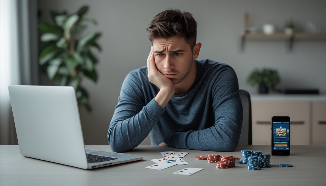 Seorang pria muda duduk di meja dengan ekspresi cemas, dikelilingi oleh kartu remi, chip poker, dan ponsel yang menampilkan permainan kasino online.
