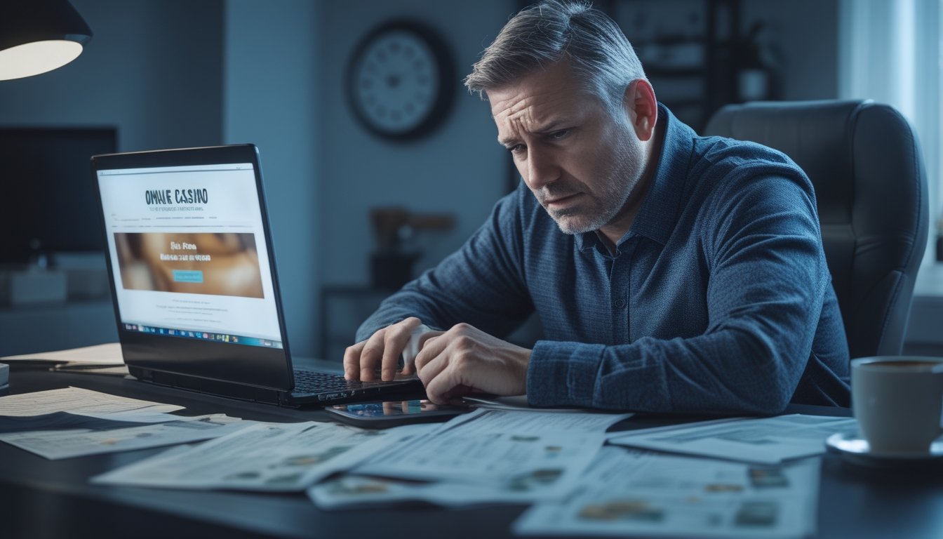 Seorang pria duduk di meja kerja dengan ekspresi cemas sambil melihat dokumen keuangan dan laptop yang menampilkan situs kasino online.