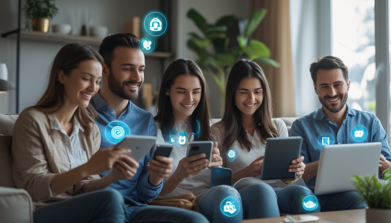 Sekelompok orang menikmati hiburan digital dengan perangkat seperti tablet dan laptop di ruang tamu yang nyaman dan terang.