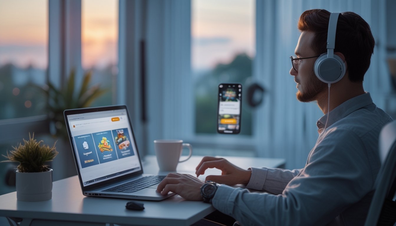 Seseorang duduk di meja dengan laptop di ruangan yang rapi dan nyaman, menikmati hiburan digital yang aman.