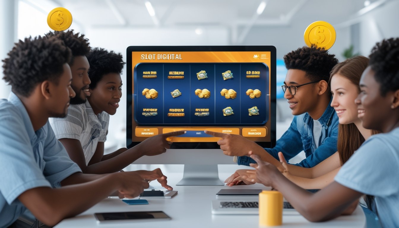 Sekelompok orang muda sedang belajar bersama menggunakan perangkat digital untuk memahami cara kerja permainan slot digital.