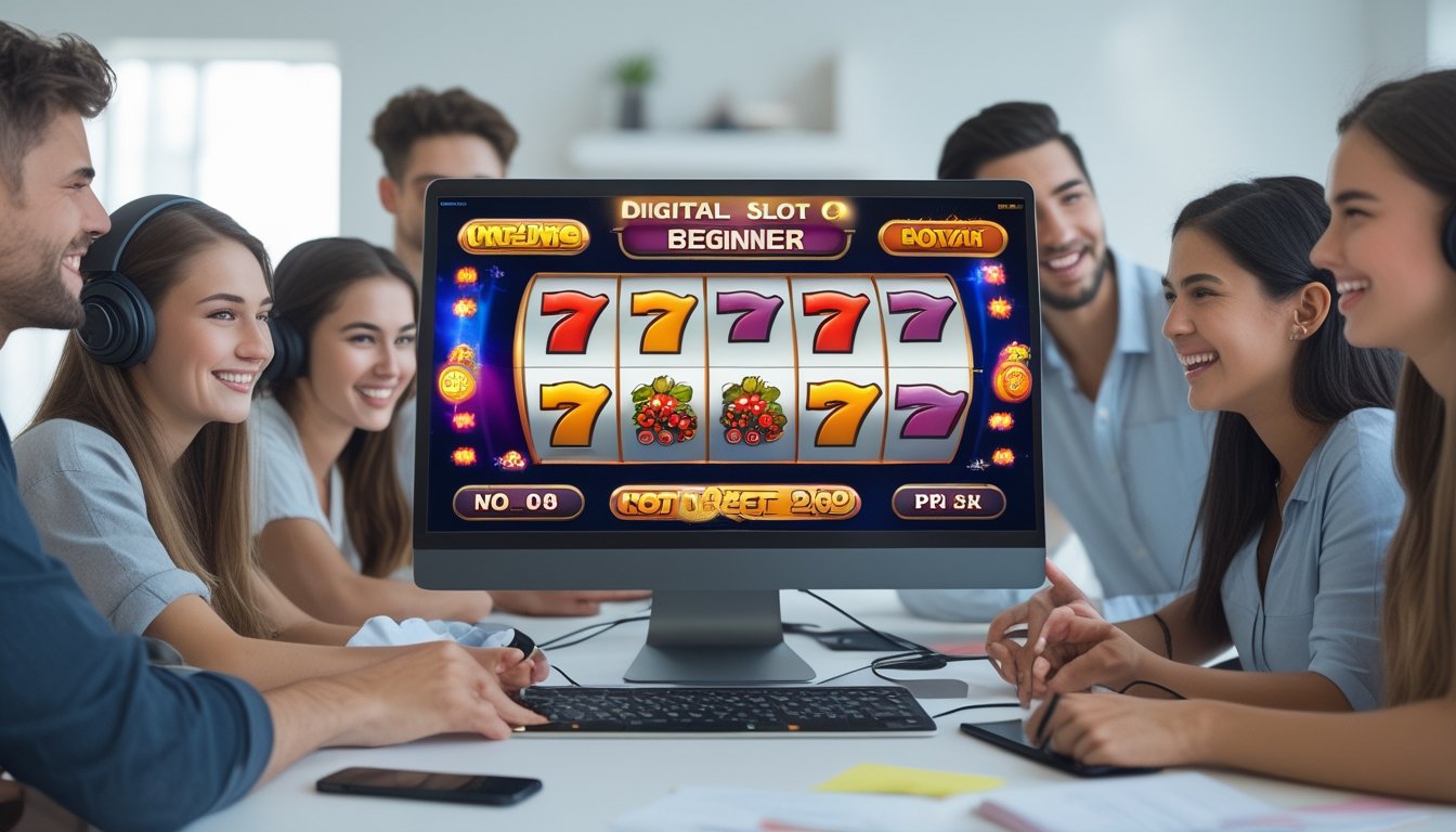 Sekelompok orang muda sedang belajar bermain permainan slot digital di depan layar komputer dengan antusias.