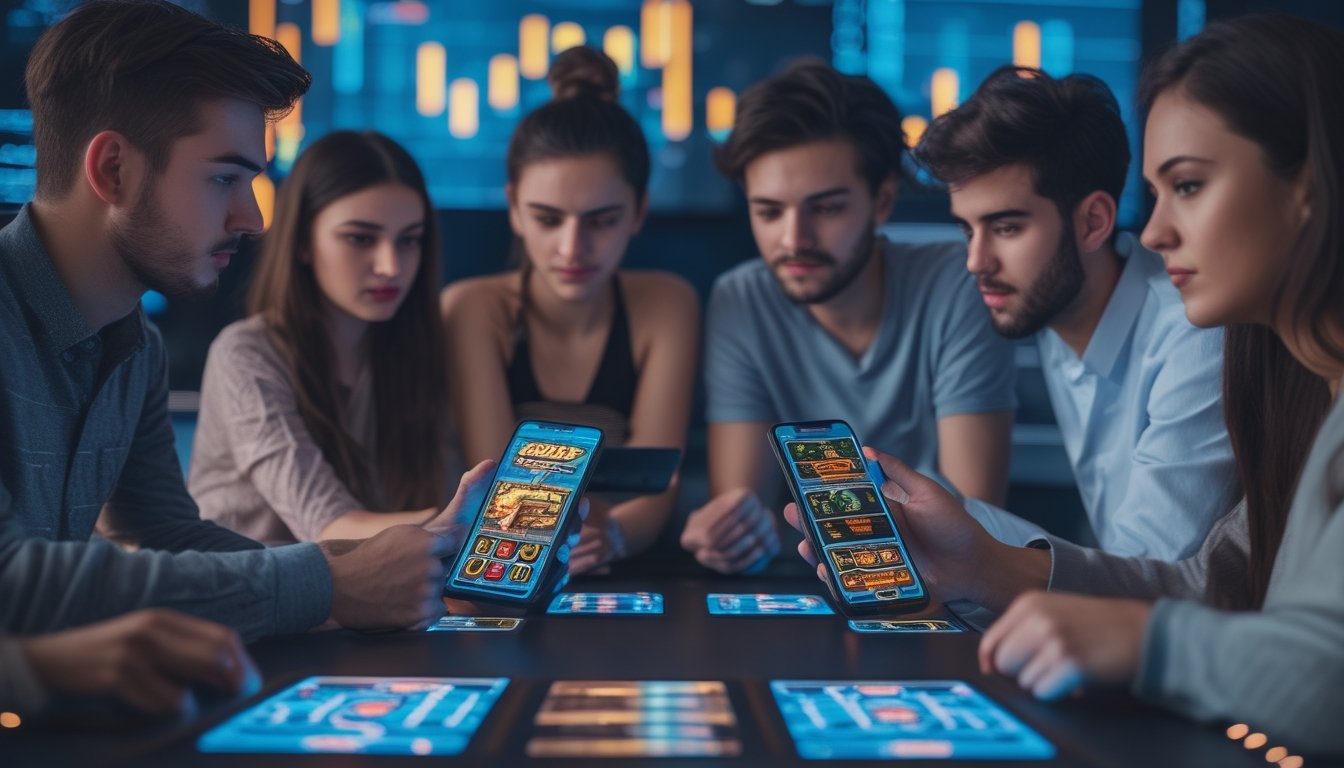 Sekelompok orang muda sedang bermain permainan kartu online dengan perangkat digital di sebuah ruangan modern.