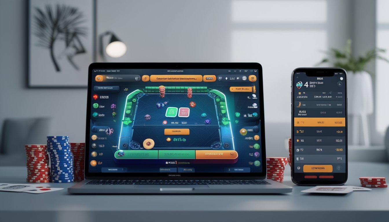 Seorang pemain sedang menggunakan laptop dengan tampilan permainan kartu online, dikelilingi oleh chip poker dan kartu di meja.