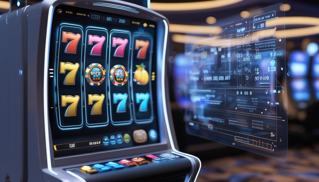 Mesin slot digital modern dengan gulungan berwarna-warni dan antarmuka holografik yang menampilkan algoritma dan angka acak di latar kasino futuristik.