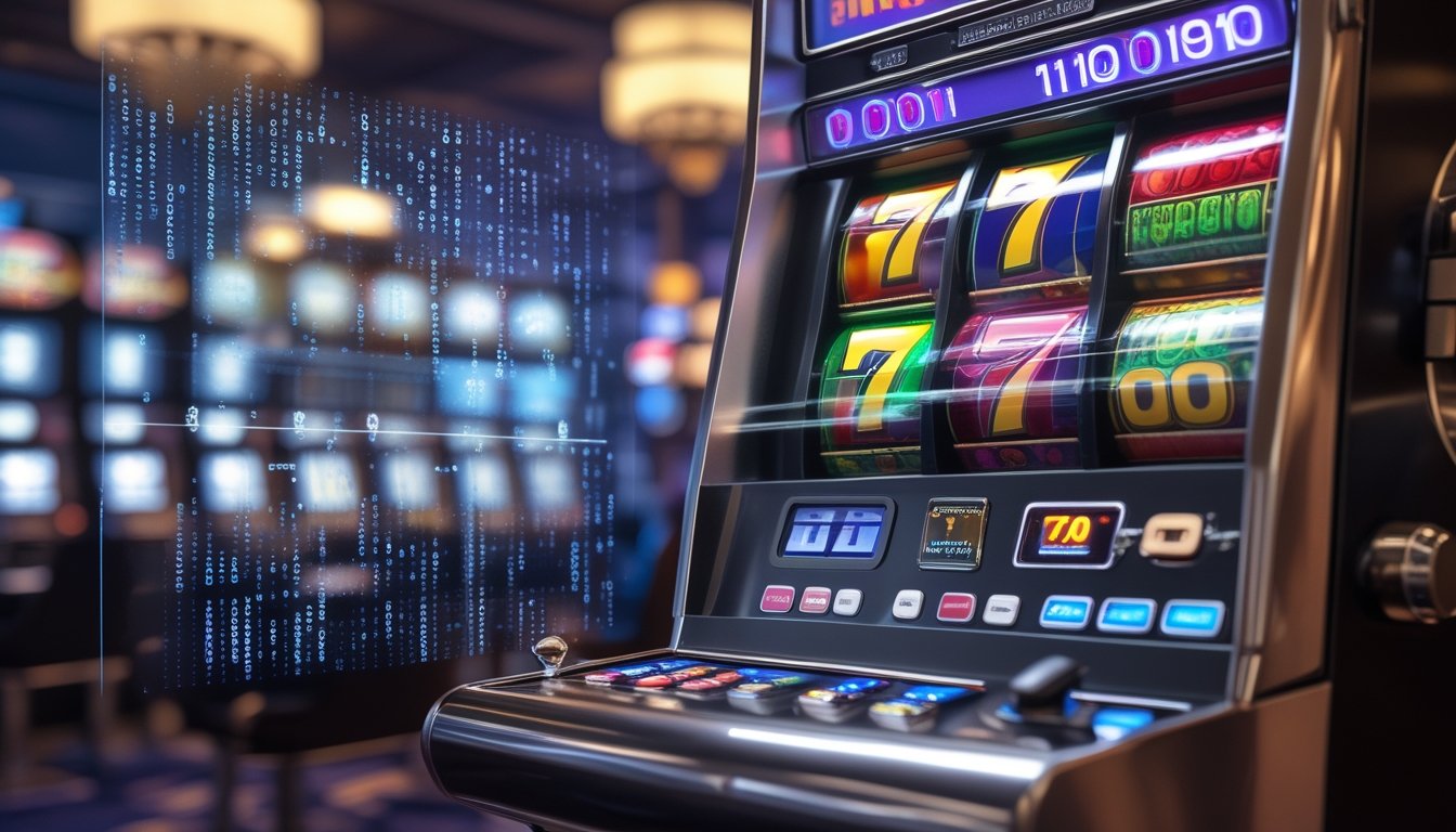 Mesin slot modern dengan gulungan berwarna-warni dan overlay digital yang menampilkan kode biner dan angka acak, di latar belakang kasino yang samar.
