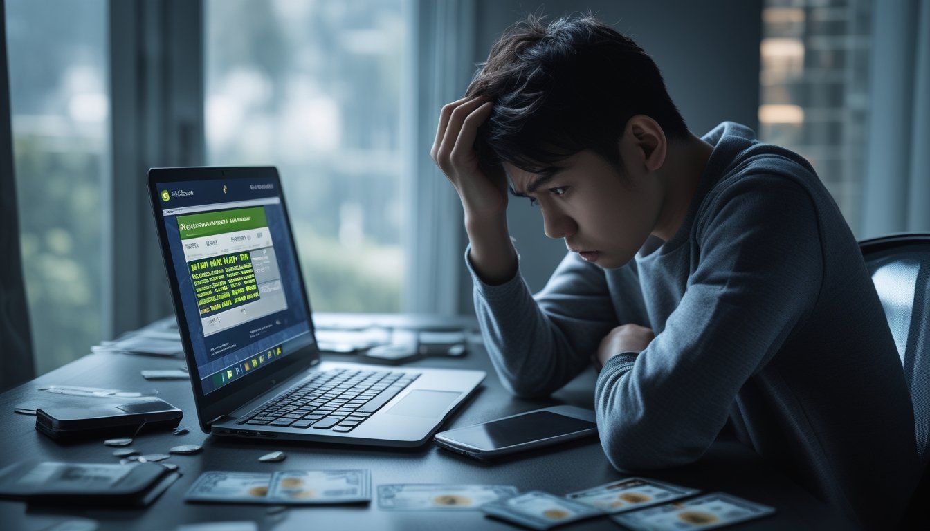 Seorang dewasa muda terlihat cemas duduk di depan laptop dengan kartu kredit dan tagihan di meja, menggambarkan risiko keuangan bermain Ceme online.