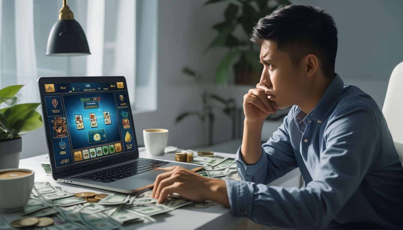 Seorang pria muda duduk di meja kerja dengan laptop yang menampilkan permainan kartu online, dikelilingi uang dan ponsel, terlihat khawatir.