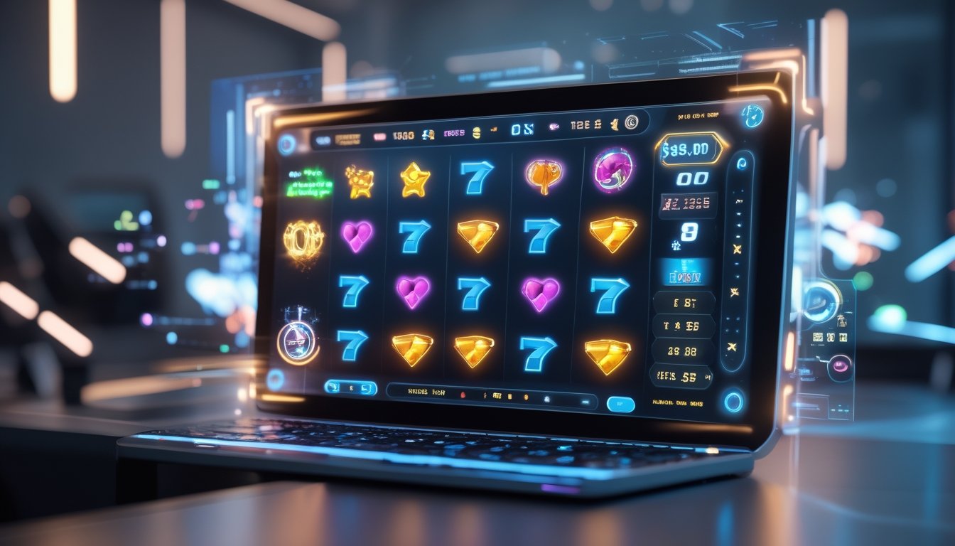 Layar perangkat menampilkan permainan slot digital modern dengan simbol berwarna cerah dan elemen antarmuka fitur permainan yang menonjol.