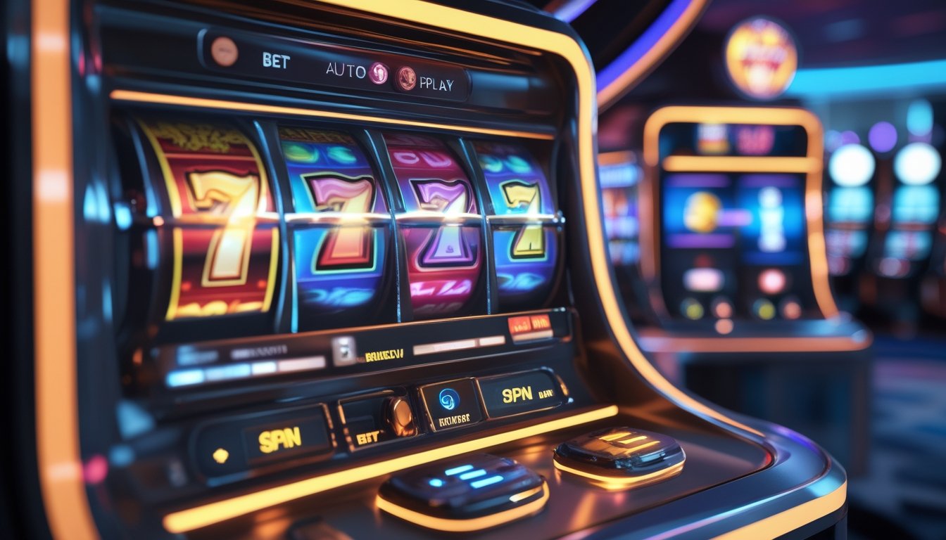 Tampilan utama mesin slot digital modern dengan layar penuh warna dan tombol kontrol di sekitarnya.