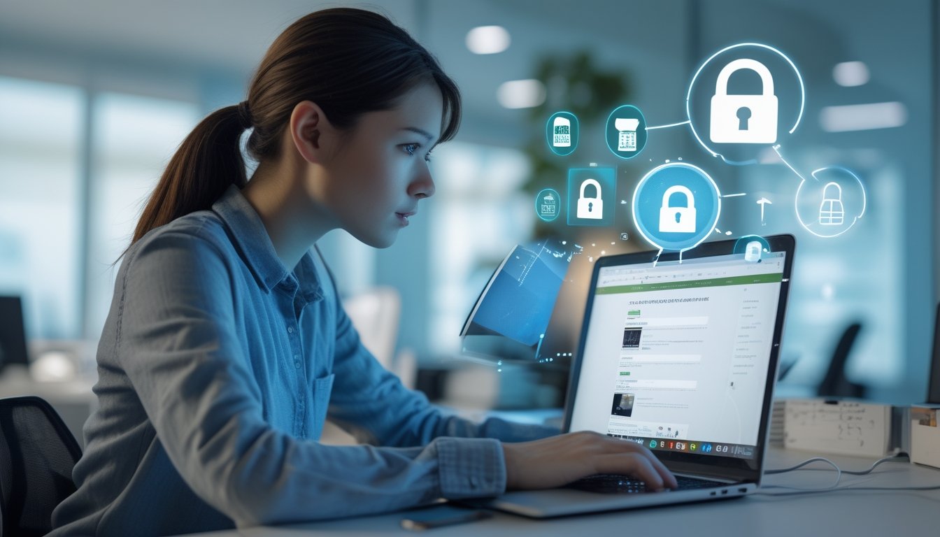 Seseorang duduk di depan laptop dengan ekspresi serius, memeriksa situs web di lingkungan kantor yang rapi dan terang.