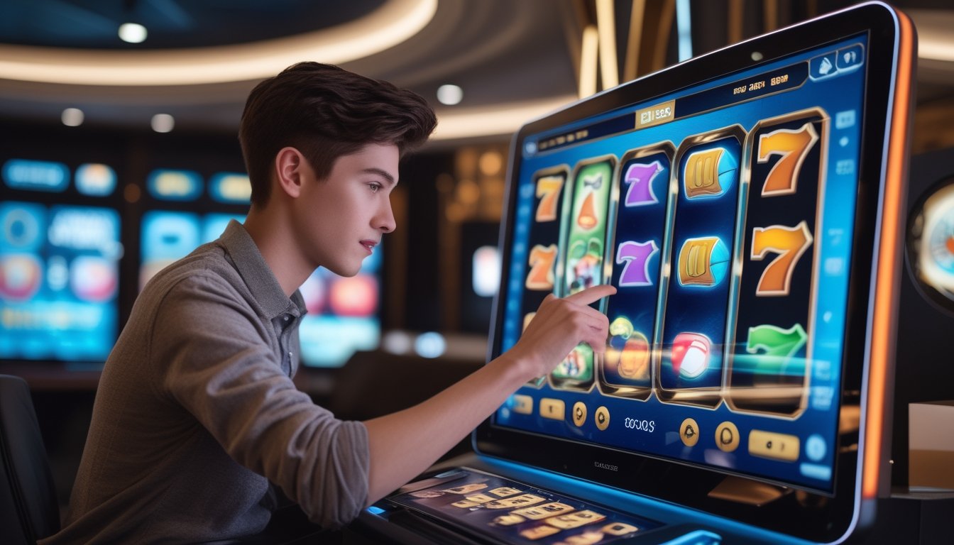 Seorang dewasa muda sedang menggunakan mesin slot digital di lingkungan kasino modern dengan ekspresi fokus dan penasaran.