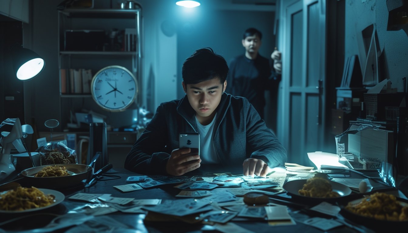 Seorang pria muda duduk di meja yang berantakan sambil fokus pada ponsel yang menampilkan permainan kartu, dengan anggota keluarga yang terlihat khawatir di latar belakang.