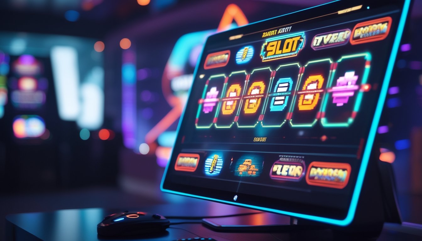 Monitor komputer menampilkan permainan slot digital dengan tema arcade yang berwarna-warni di dalam ruangan permainan yang terang dan penuh lampu warna-warni.