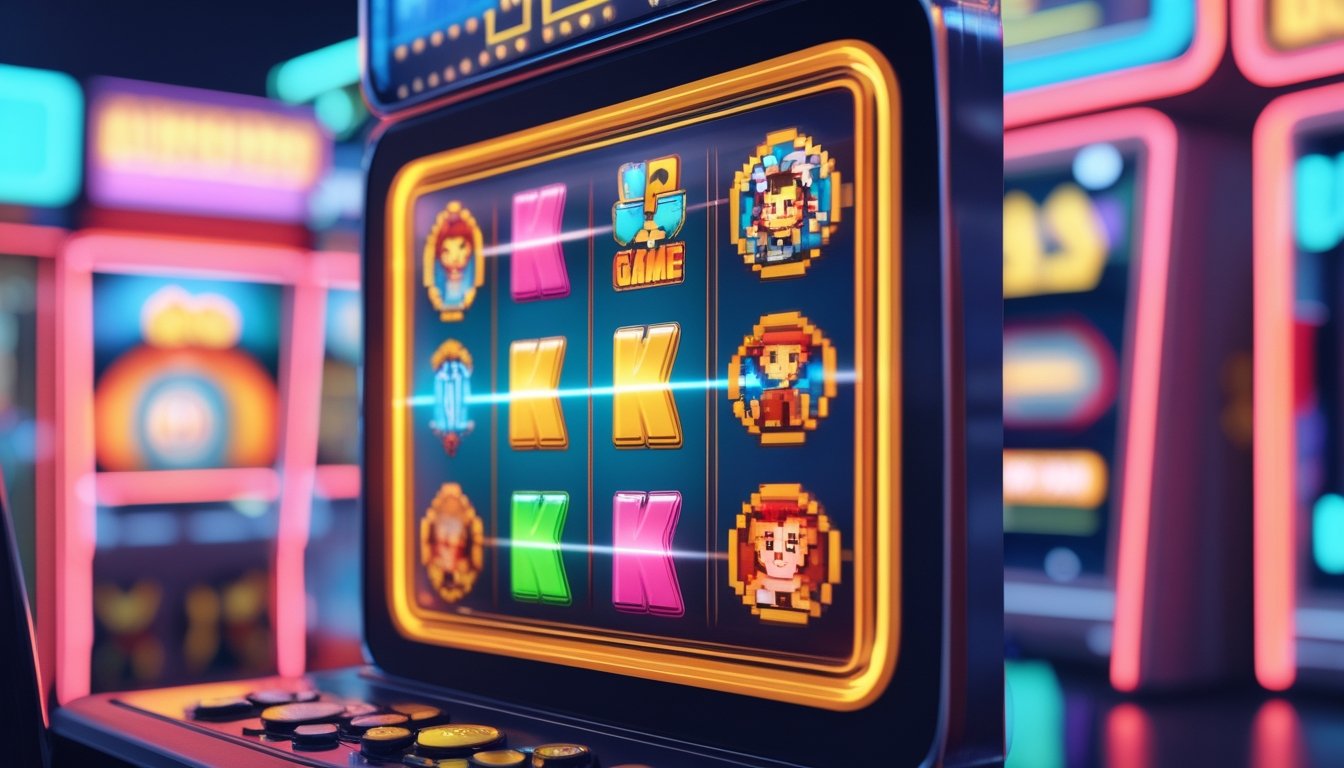 Tampilan layar permainan slot digital bertema arcade dengan simbol warna-warni dan latar belakang suasana arcade yang hidup.