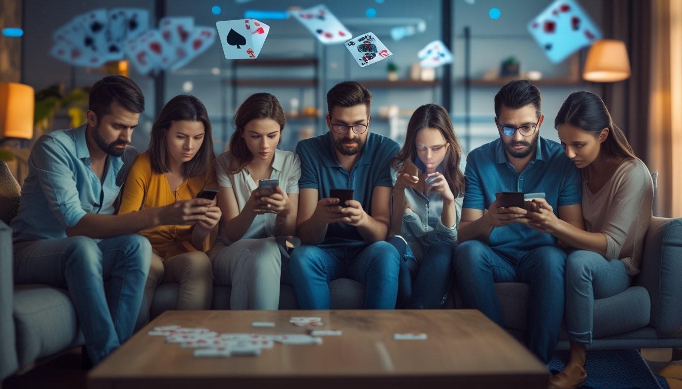 Sekelompok orang dewasa sedang fokus menggunakan ponsel dan laptop di ruang tamu dengan kartu remi dan chip poker di atas meja.