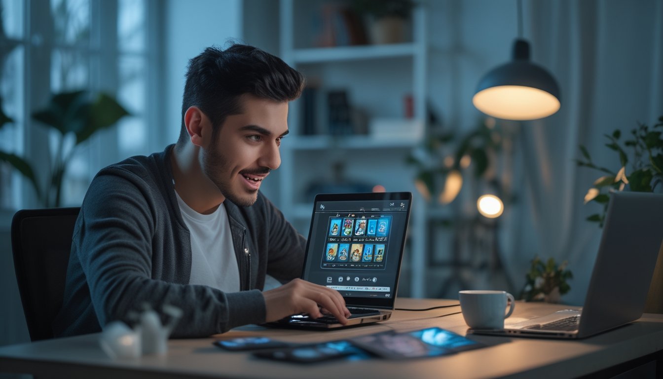 Seorang pria muda duduk di meja dengan laptop, fokus bermain permainan kartu online di ruangan yang nyaman.