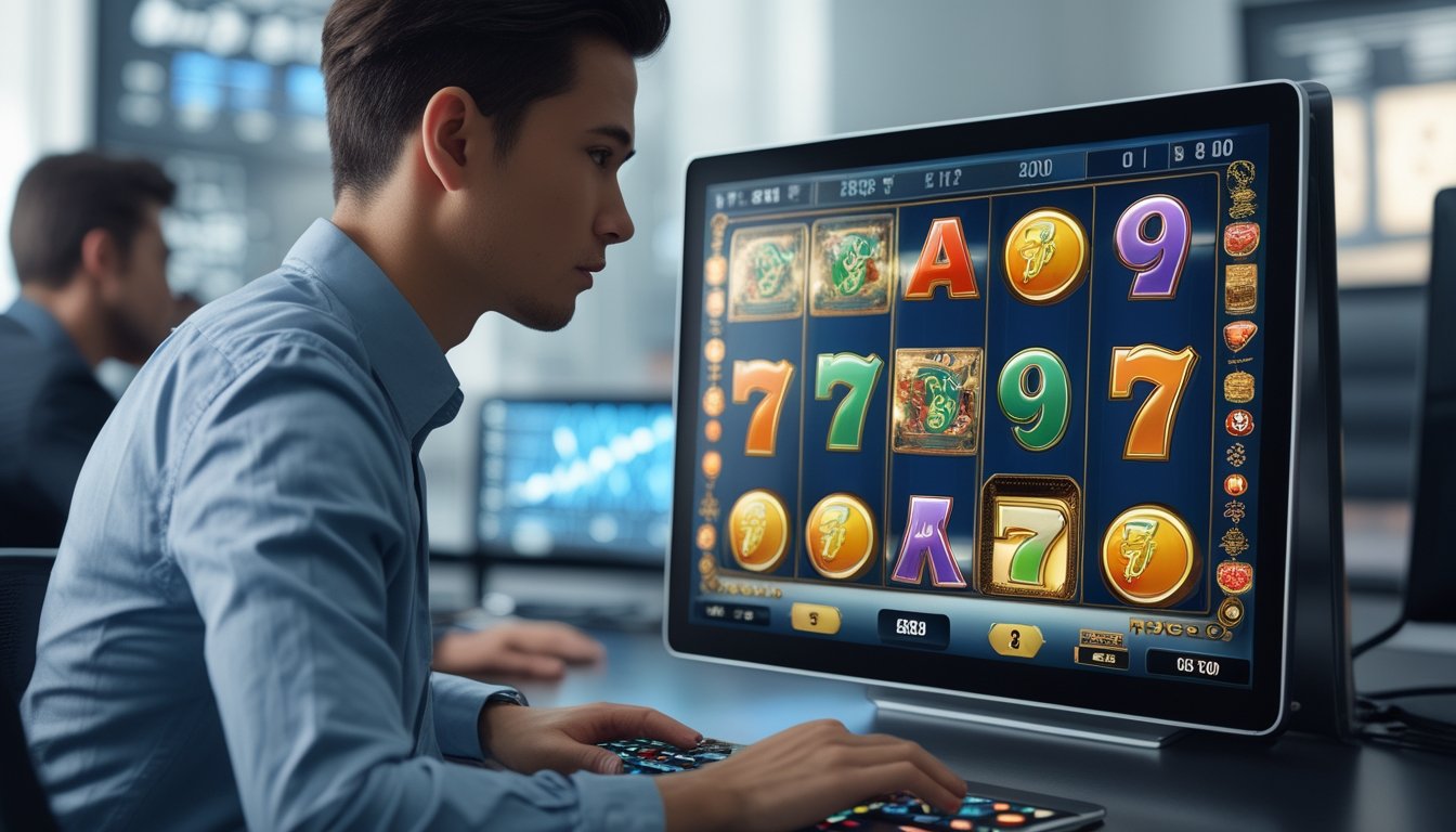 Seseorang sedang fokus menggunakan perangkat digital yang menampilkan permainan slot dengan simbol warna-warni di layar.