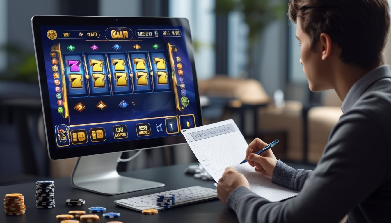 Seseorang sedang fokus menganalisis permainan slot digital di depan komputer dengan catatan dan pena di tangan.