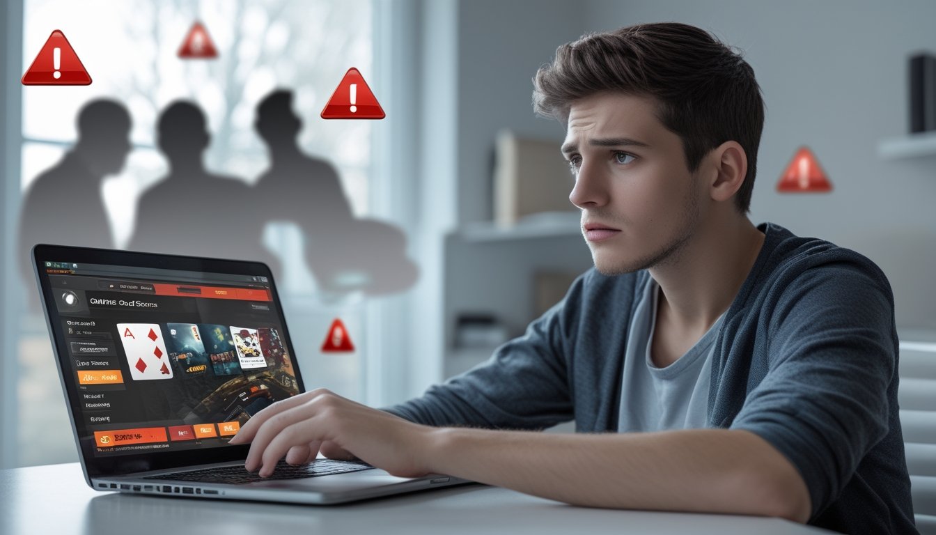 Seorang dewasa muda duduk di meja dengan laptop terbuka, terlihat khawatir sambil melihat layar permainan kartu online dengan tanda peringatan di sekitarnya.