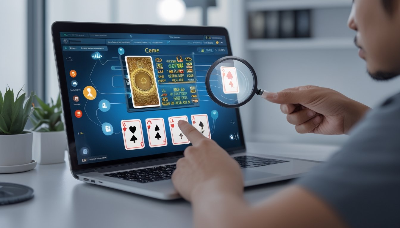 Seseorang terlihat memperhatikan layar laptop yang menampilkan permainan kartu online dengan ekspresi waspada di sebuah ruang kerja modern.