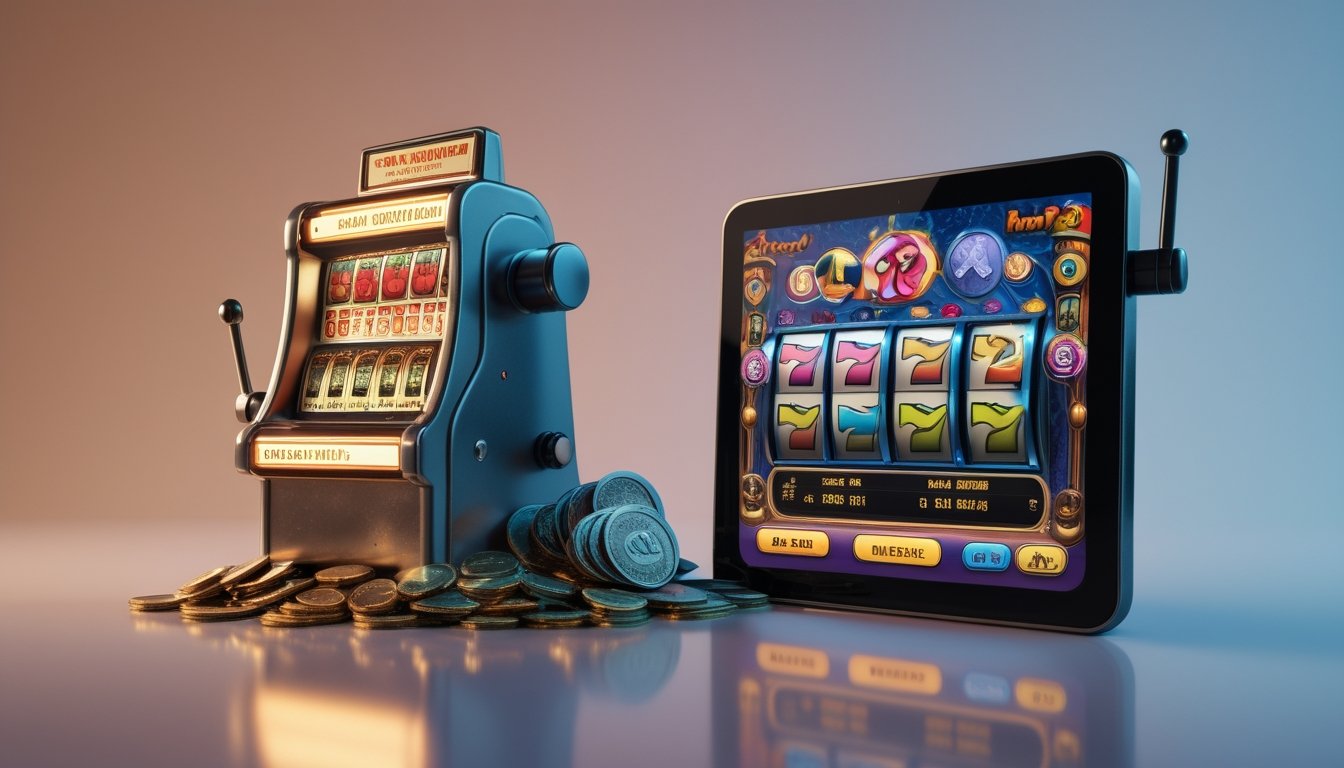 Gambar menunjukkan mesin slot mekanik kuno di sebelah kiri dan permainan slot digital modern di layar sentuh di sebelah kanan.