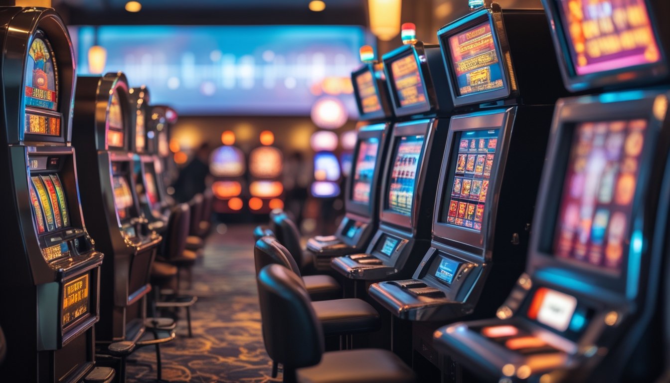 Foto mesin slot klasik di sebelah kiri dan mesin slot digital modern di sebelah kanan dalam suasana kasino.