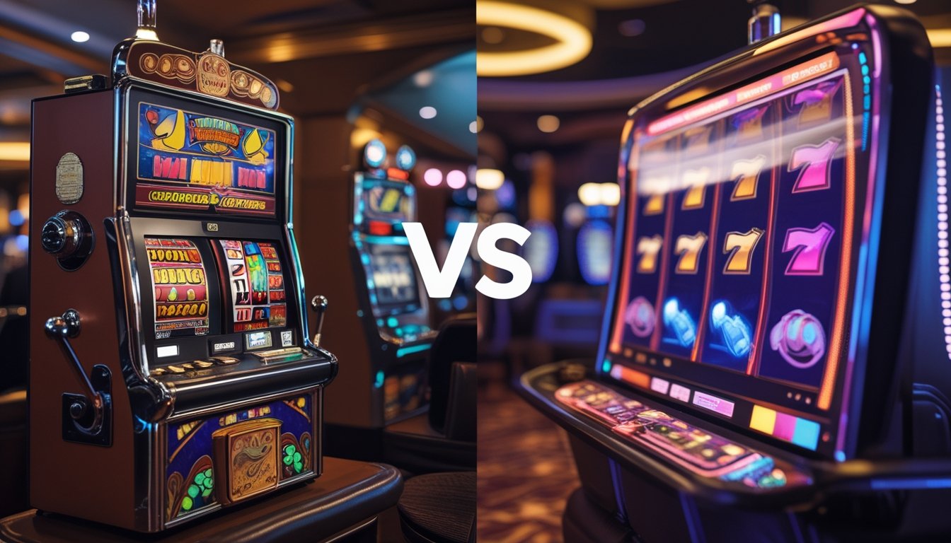 Gambar yang menunjukkan perbedaan antara mesin slot klasik dengan tuas di sisi kiri dan permainan slot digital modern dengan layar sentuh berwarna cerah di sisi kanan.