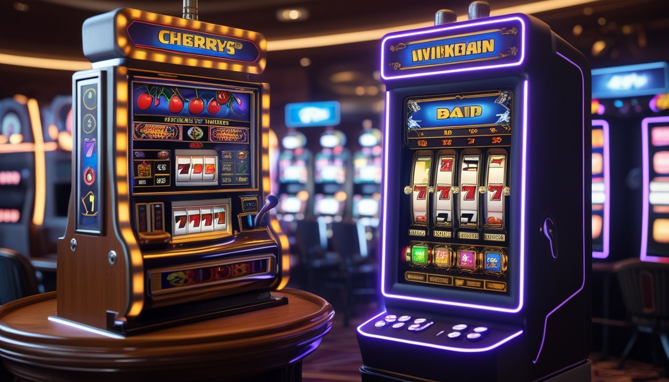 Gambar dua mesin slot berdampingan, satu mesin slot klasik dengan tuas dan simbol tradisional, dan satu mesin slot digital modern dengan layar sentuh dan lampu warna-warni.