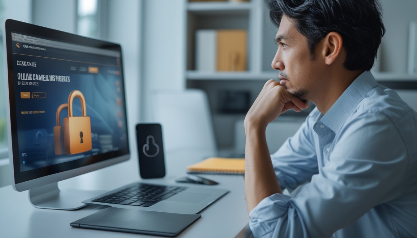 Seseorang yang duduk di meja dengan laptop dan ponsel, terlihat serius dan berhati-hati saat menggunakan situs judi online.
