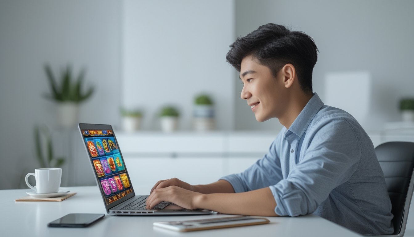 Seorang dewasa muda duduk di meja modern sambil bermain game slot digital di laptop dengan ekspresi fokus dan antusias.