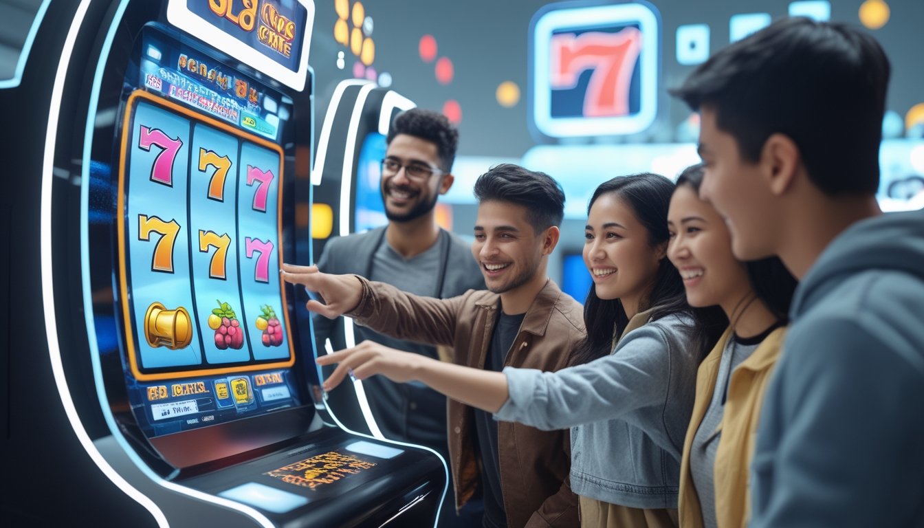 Sekelompok orang muda sedang bermain game slot digital di layar sentuh besar dengan simbol mesin slot yang berwarna-warni.