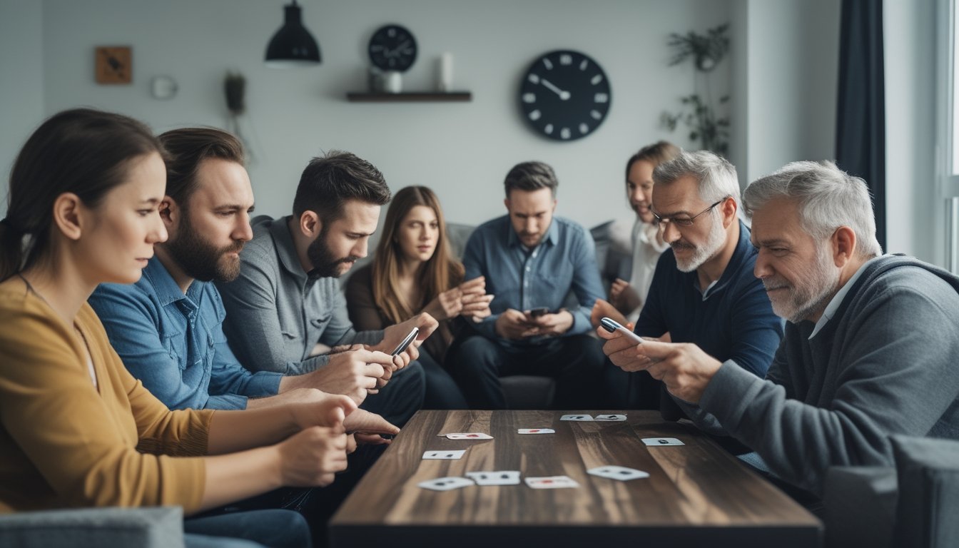 Sekelompok orang dewasa di ruang tamu modern, beberapa bermain game kartu di perangkat digital, dengan ekspresi fokus dan beberapa menunjukkan tanda-tanda stres atau kelelahan.