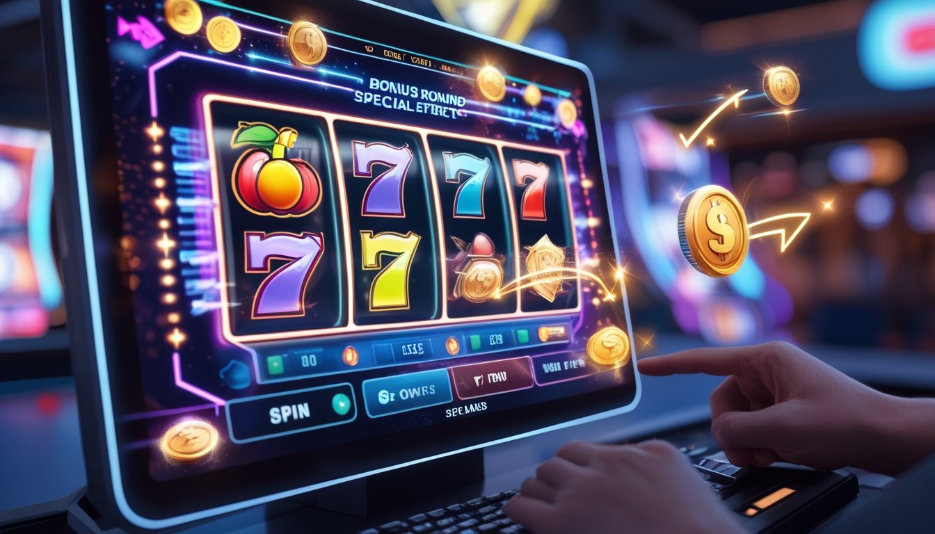 Layar perangkat digital menampilkan mesin slot dengan simbol warna-warni dan efek visual bonus, tangan sedang menyentuh layar untuk memutar gulungan.