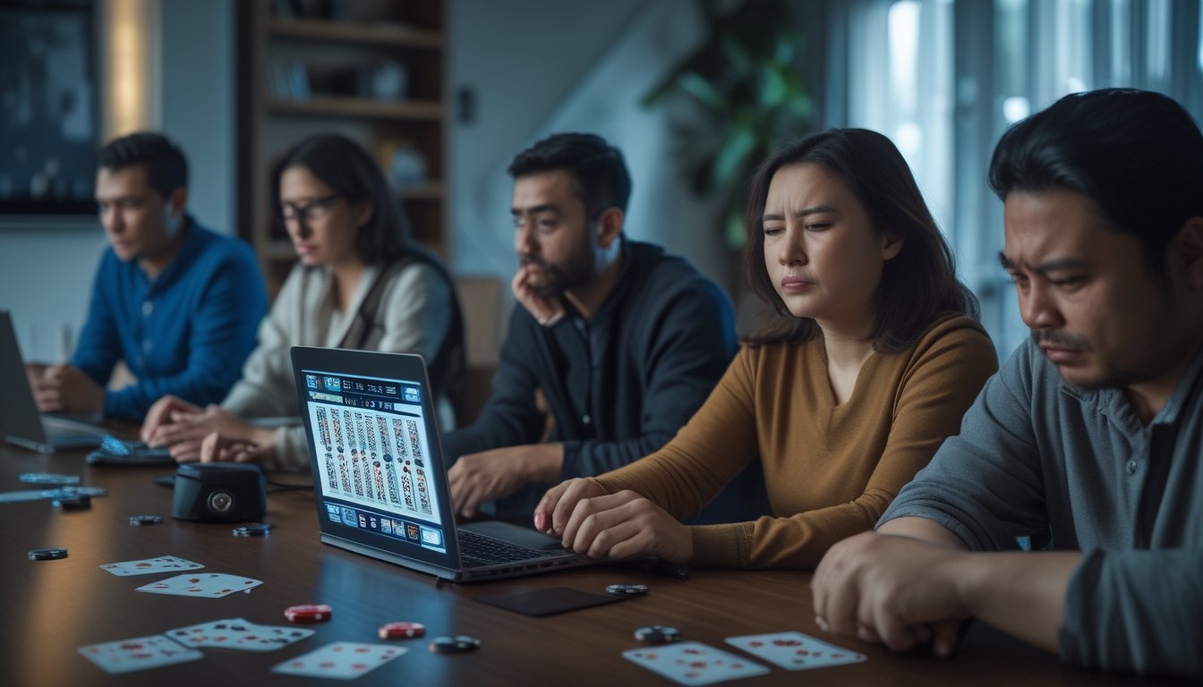 Sekelompok orang dewasa di ruang tamu, beberapa bermain permainan kartu online dengan perangkat digital, sementara yang lain terlihat stres dan termenung.