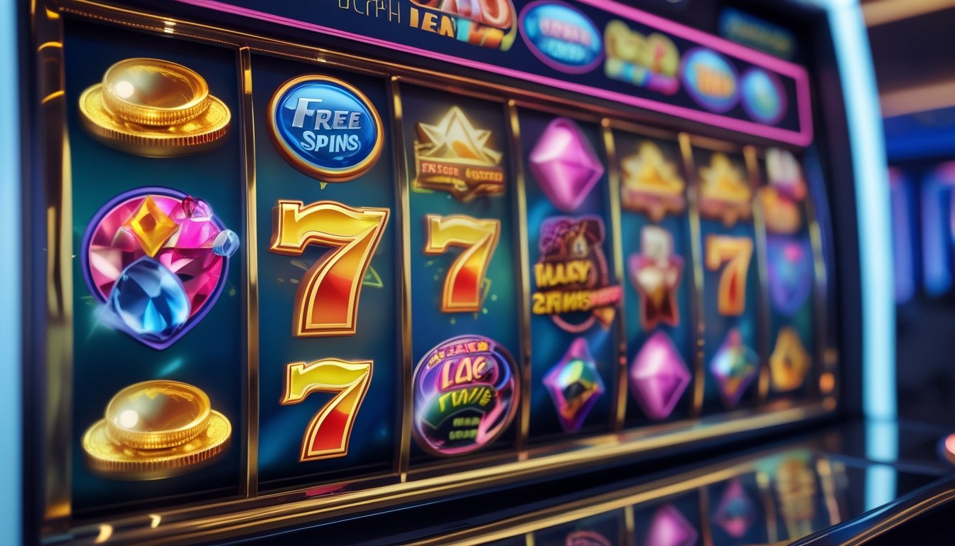 Tampilan dekat mesin slot digital dengan simbol bonus berwarna-warni di layar dalam suasana kasino modern.