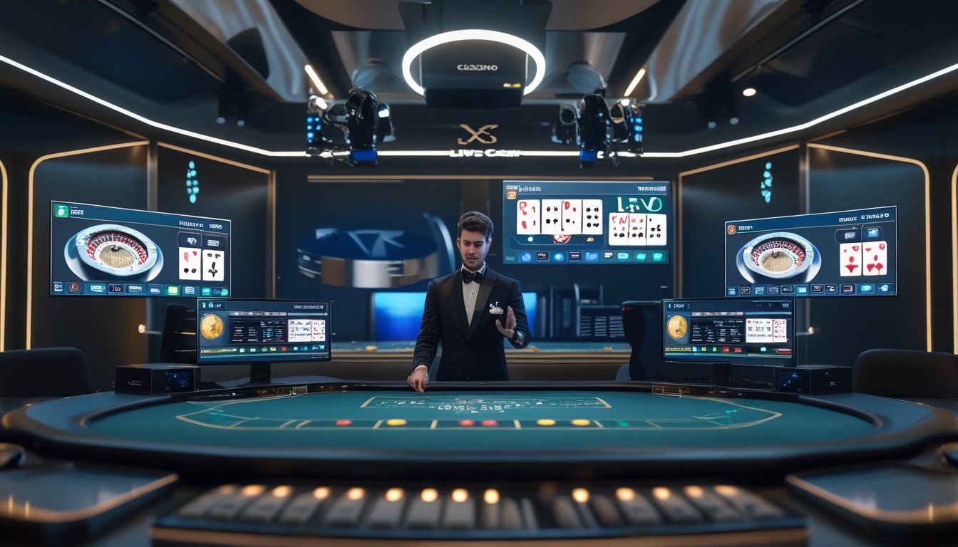 Seorang dealer kasino langsung di studio modern dengan kamera dan peralatan streaming, menampilkan suasana permainan kasino yang sedang disiarkan secara real-time.