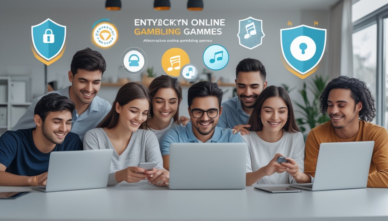 Beberapa orang muda sedang menggunakan perangkat digital di ruang kerja yang nyaman, menunjukkan hiburan online yang aman dan menyenangkan.