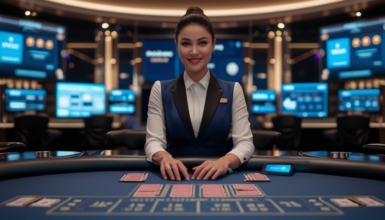 Seorang dealer wanita profesional duduk di meja permainan kasino dengan kartu dan chip, dikelilingi layar besar yang menampilkan siaran langsung permainan.