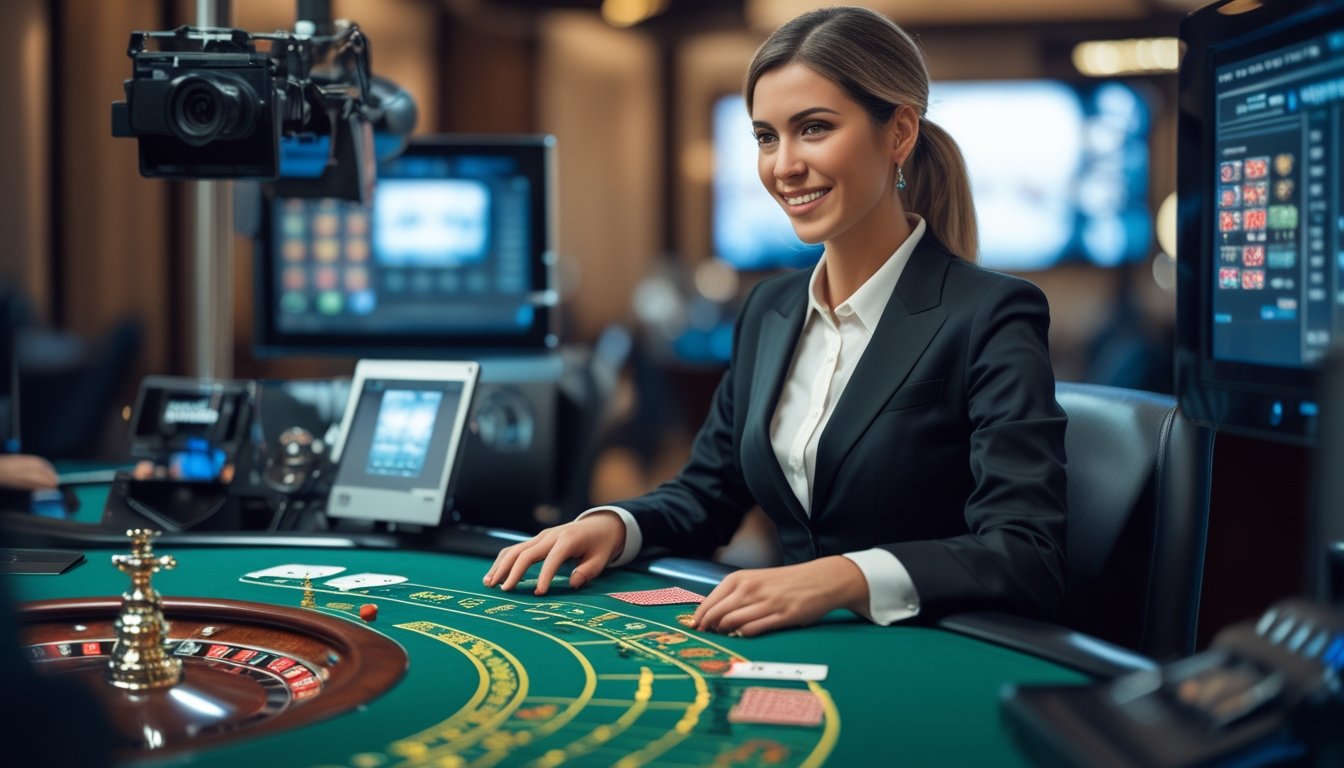 Seorang dealer wanita profesional sedang menjalankan permainan live dealer di meja kasino dengan kartu dan chip, dikelilingi oleh kamera dan layar digital.