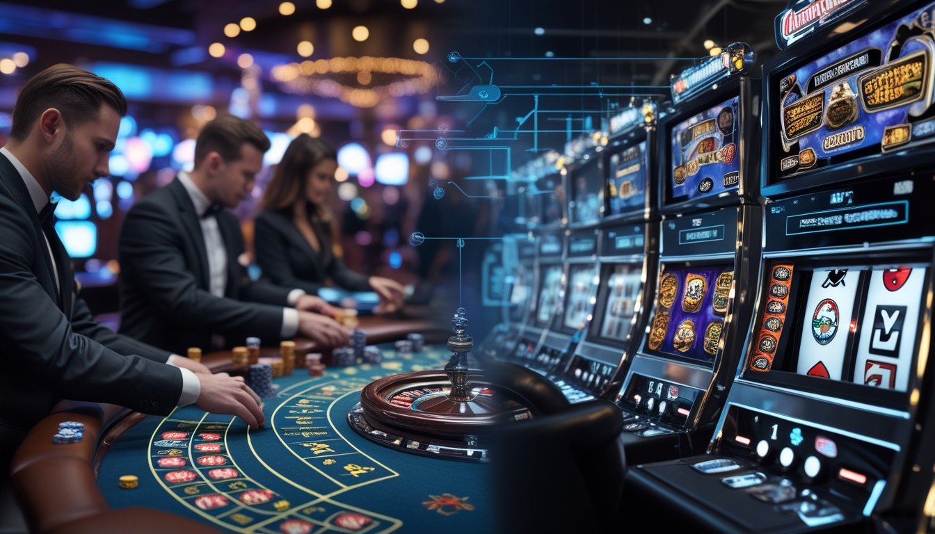 Suasana kasino yang terbagi menjadi dua bagian, satu menunjukkan dealer dan pemain di meja kasino langsung, dan satu lagi menampilkan layar digital dengan permainan kasino otomatis.