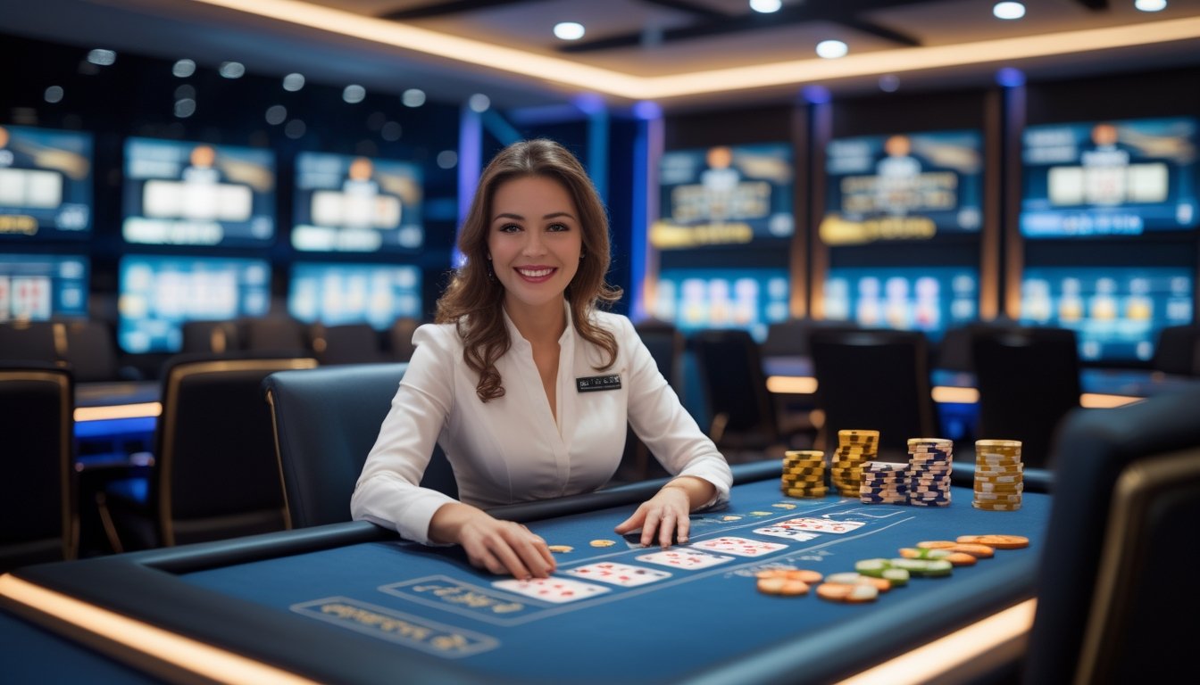 Seorang dealer wanita profesional duduk di meja kasino dengan kartu dan chip, berinteraksi dalam permainan kasino online.