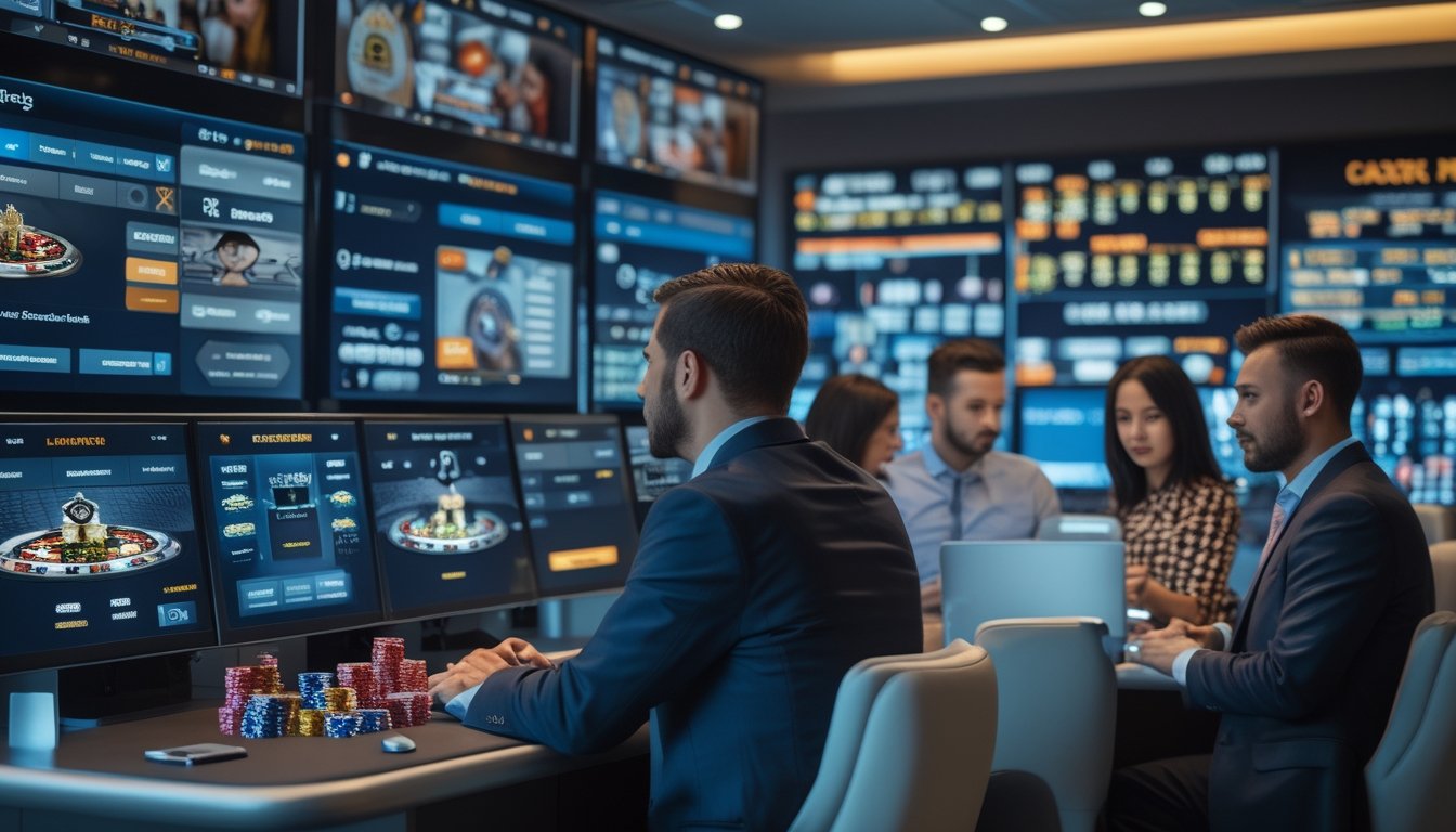 Ruang kontrol modern dengan beberapa profesional memantau layar yang menampilkan permainan kasino langsung dan data keamanan.