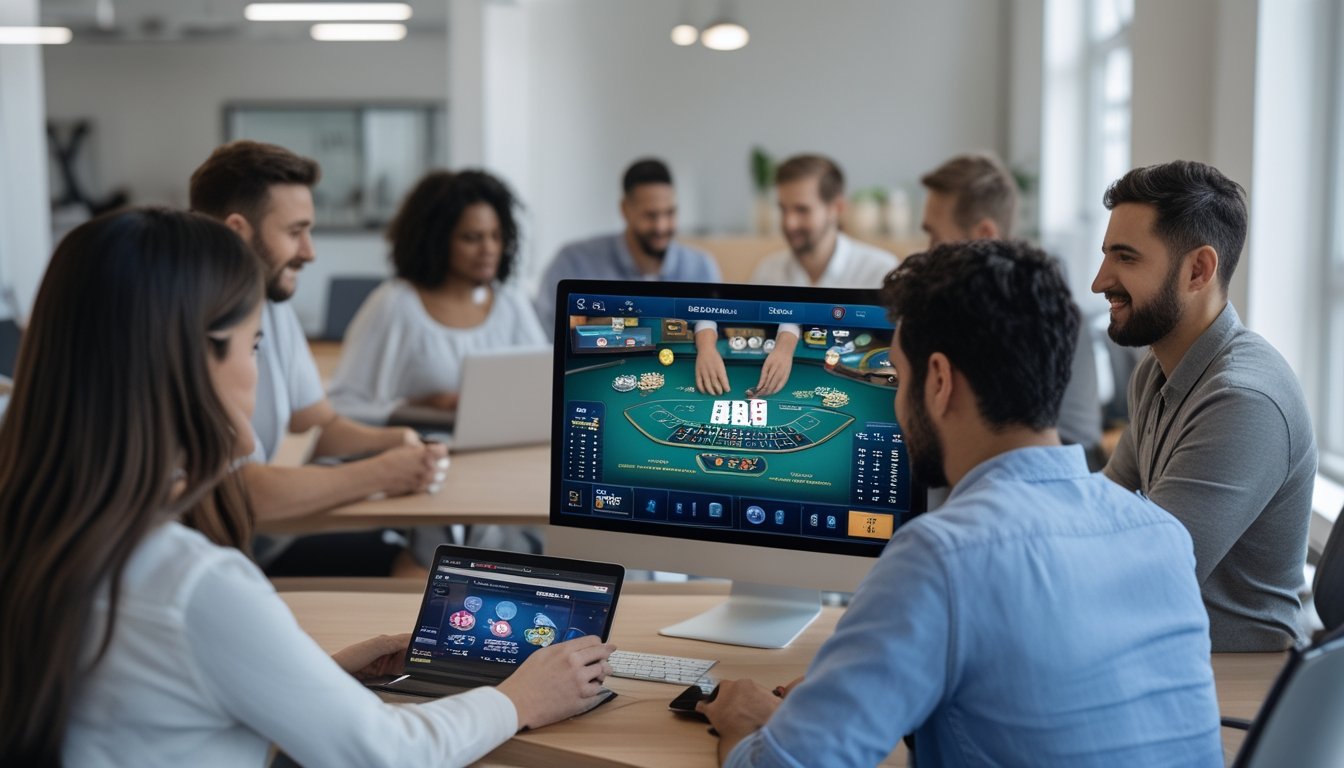Orang-orang yang sedang menggunakan komputer dan ponsel untuk bermain game live dealer dengan dealer nyata di layar komputer.