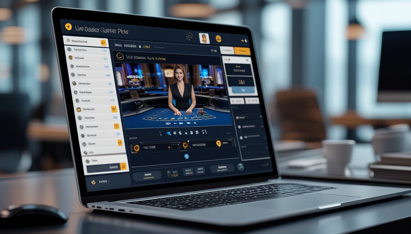 Layar komputer yang menampilkan antarmuka permainan live dealer dengan dealer langsung dan opsi taruhan digital.