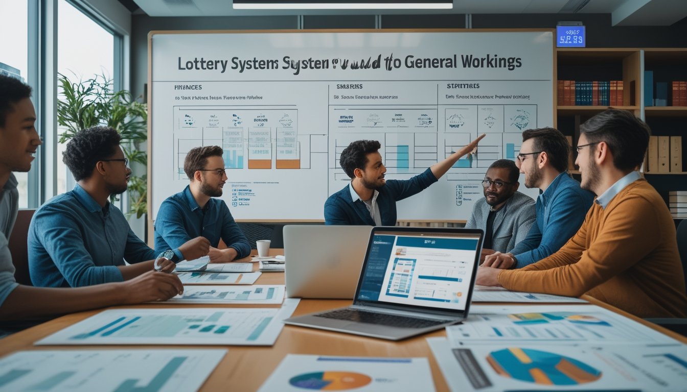 Sekelompok orang sedang berdiskusi di ruang kantor dengan dokumen dan grafik tentang sistem lotre di atas meja.