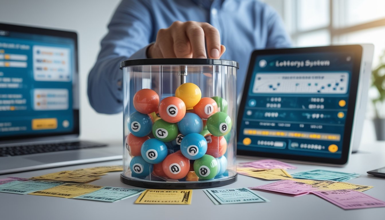 Sebuah drum lotre transparan dengan bola bernomor berwarna-warni dan tangan yang memutar pegangan drum, dikelilingi oleh tiket lotre dan tablet digital yang menampilkan hasil lotre.