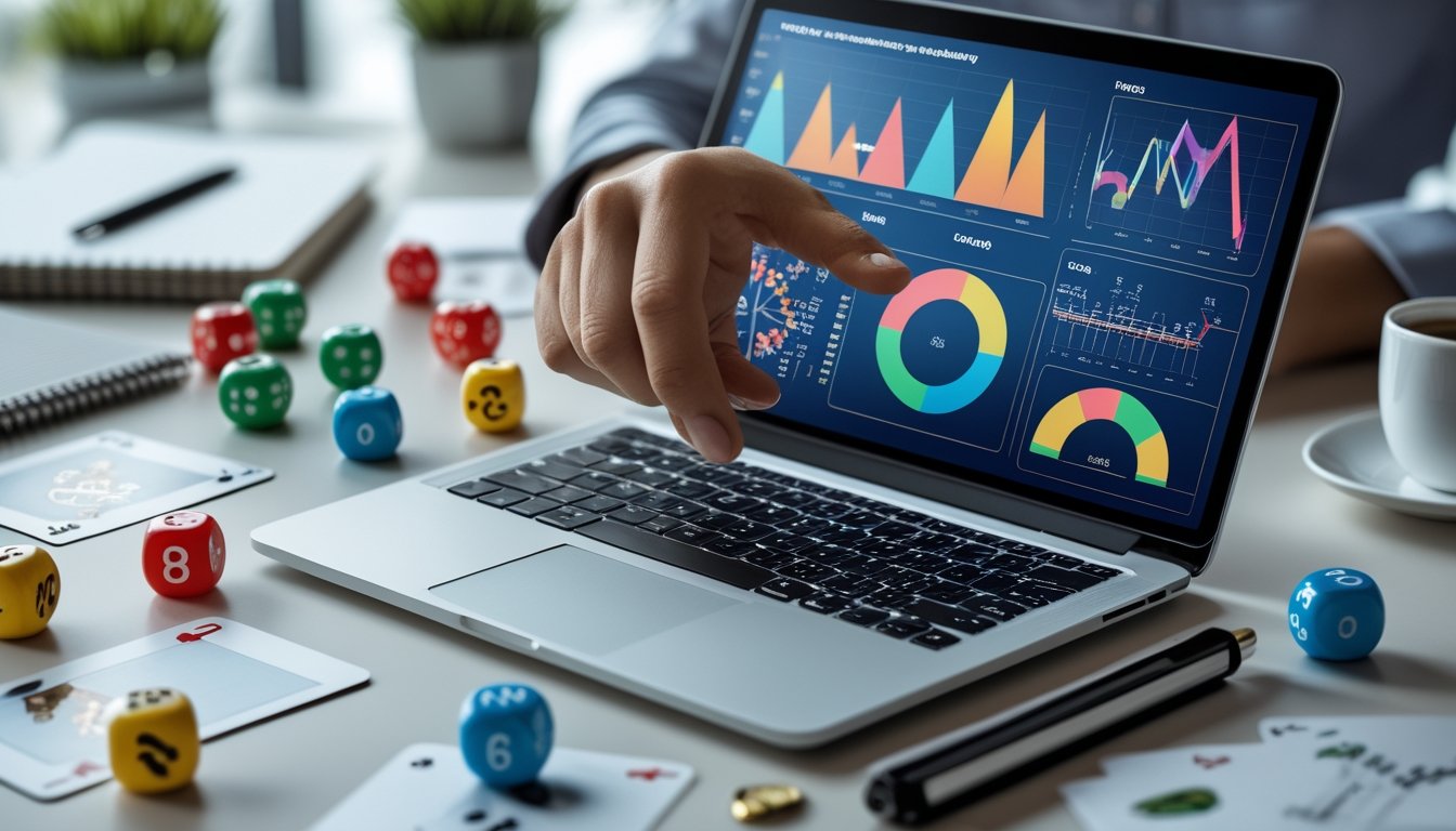 Seorang tangan menunjuk layar laptop yang menampilkan grafik statistik, dengan kartu remi, dadu bernomor, dan bola lotere di atas meja kerja.