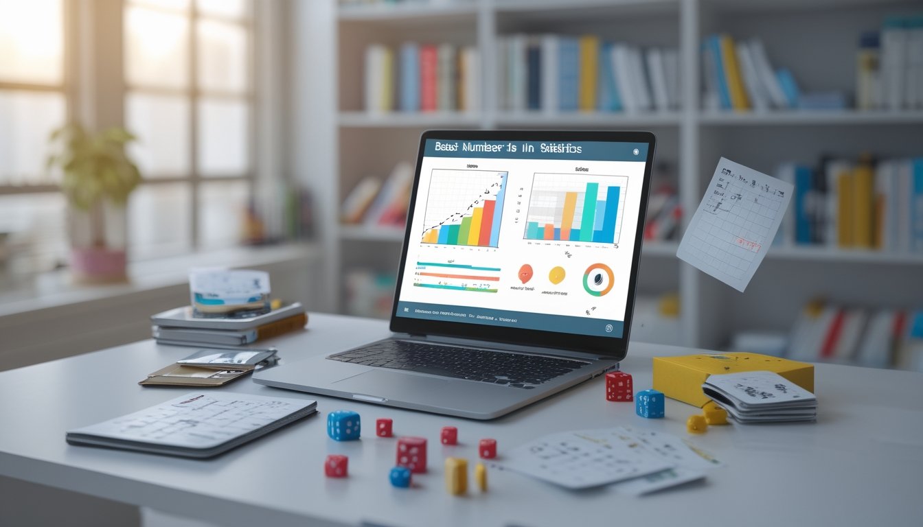 Meja kerja modern dengan laptop yang menampilkan grafik statistik, kartu remi dan dadu di atas meja, serta buku catatan dengan perhitungan tangan.