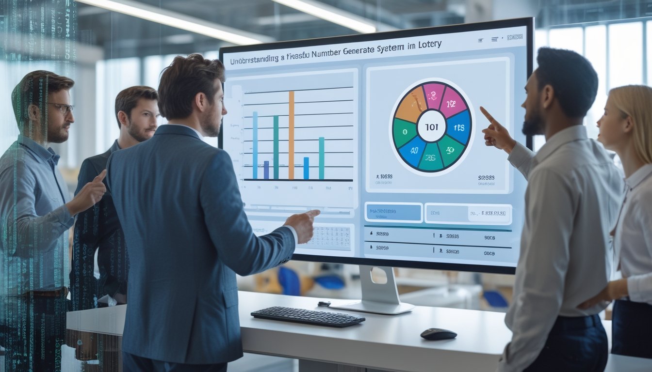 Sekelompok orang sedang berdiskusi di depan layar komputer yang menampilkan grafik dan angka, dengan drum undian digital berisi bola bernomor di latar belakang.